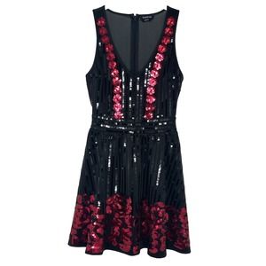 BEBE Black Red SEQUIN Sleeveless Fit And Flare FLARED DRESS Sz XS